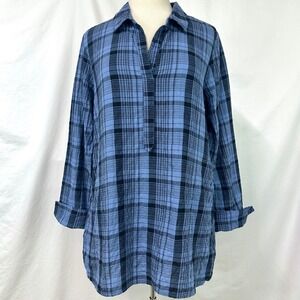 HABITAT Blue Plaid Cotton Gauze Tunic Top S Popover Lagenlook Pockets Oversized